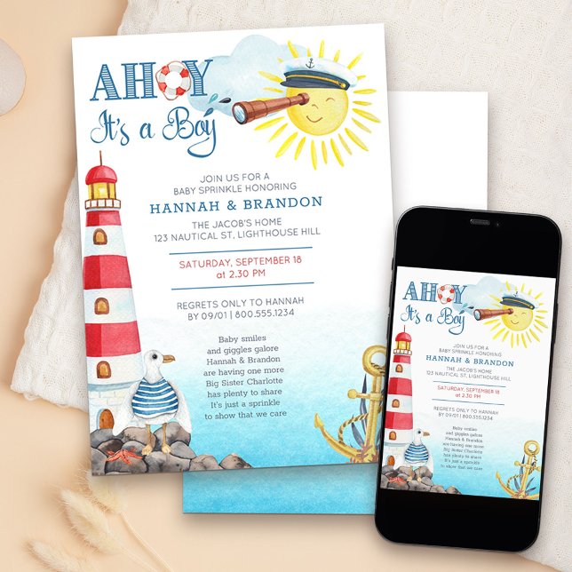 Ahoy it's a Boy Cute Nautical Baby Sprinkle Invitation (Nautical Boy Baby Sprinkle invitation - message me to create additional templates
)