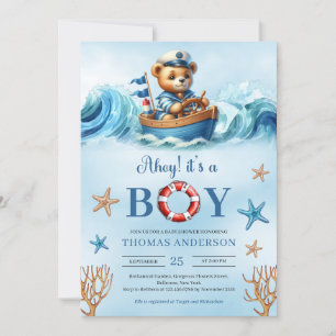 Ahoy It's A Boy Cute watercolor teddy bear sailor Invitation