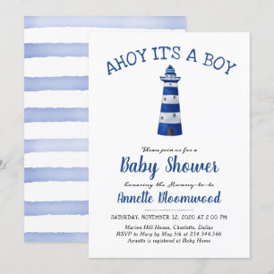 Ahoy Its A Boy Lighthouse   Nautical Baby Shower Invitation