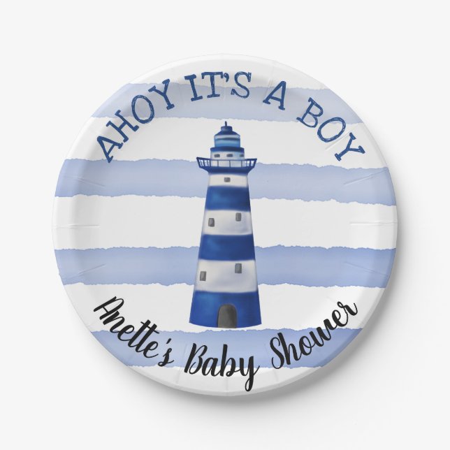 Ahoy Its A Boy Lighthouse | Nautical Baby Shower Paper Plate (Front)