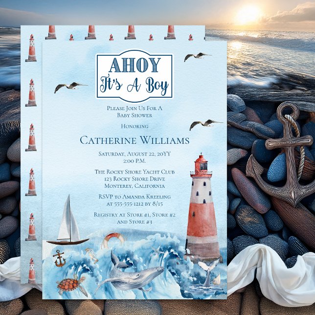 Ahoy It's A Boy Lighthouse Ocean Baby Shower Invitation (Ahoy It's A Boy Lighthouse Ocean-Themed Nautical Boy Baby Shower Invitation - Print | Digital)