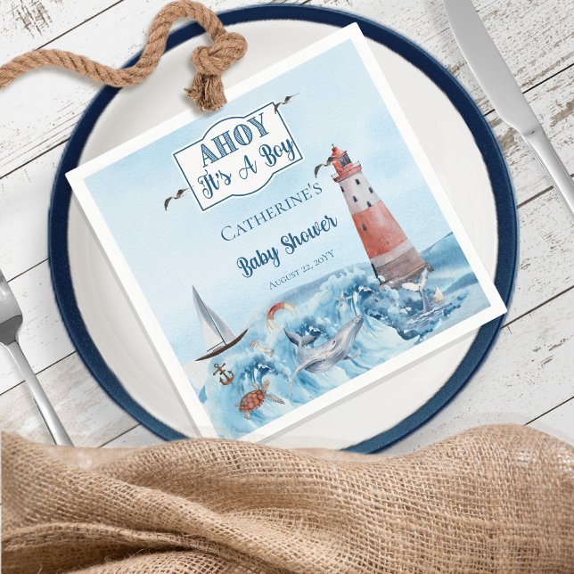 Ahoy It's A Boy Lighthouse Ocean Baby Shower Napkin (Creator Uploaded)