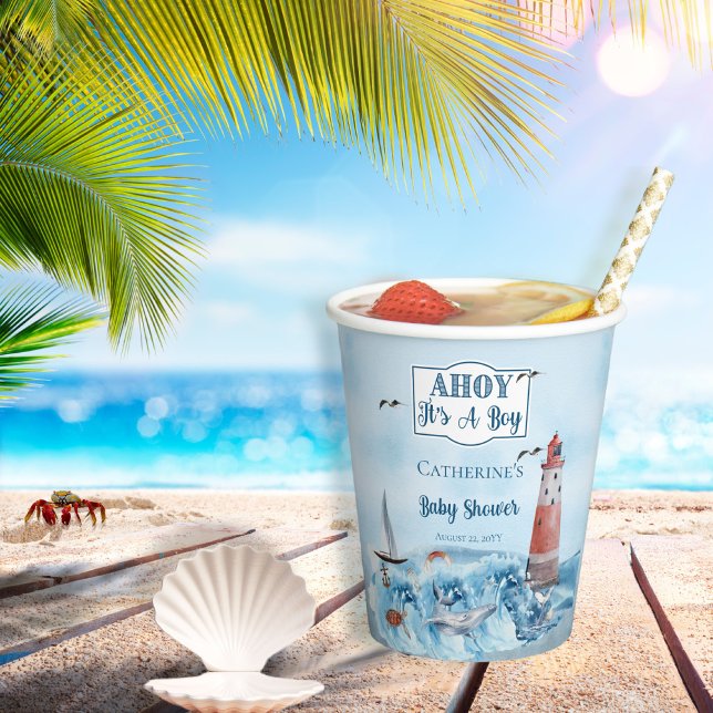 Ahoy It's A Boy Lighthouse Ocean Baby Shower Paper Cups (Creator Uploaded)