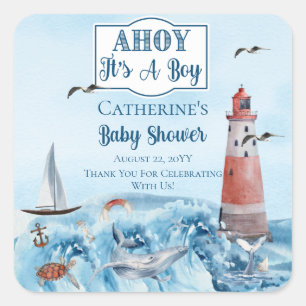 Ahoy It's A Boy Lighthouse Ocean Baby Shower Square Sticker