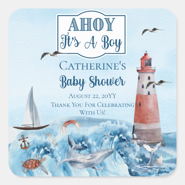 Ahoy It's A Boy Lighthouse Ocean Baby Shower Square Sticker (Front)