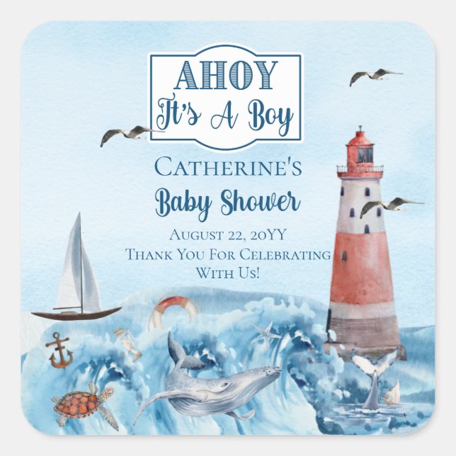 Ahoy It's A Boy Lighthouse Ocean Baby Shower  Square Sticker (Front)
