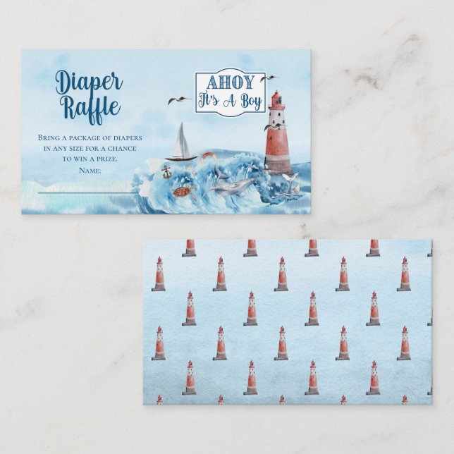 Ahoy It's A Boy Lighthouse Shower Diaper Raffle Enclosure Card (Front/Back)