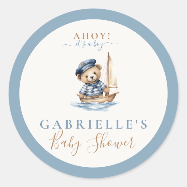 Ahoy it's a Boy! Minimalist Nautical Baby Shower  Classic Round Sticker (Front)