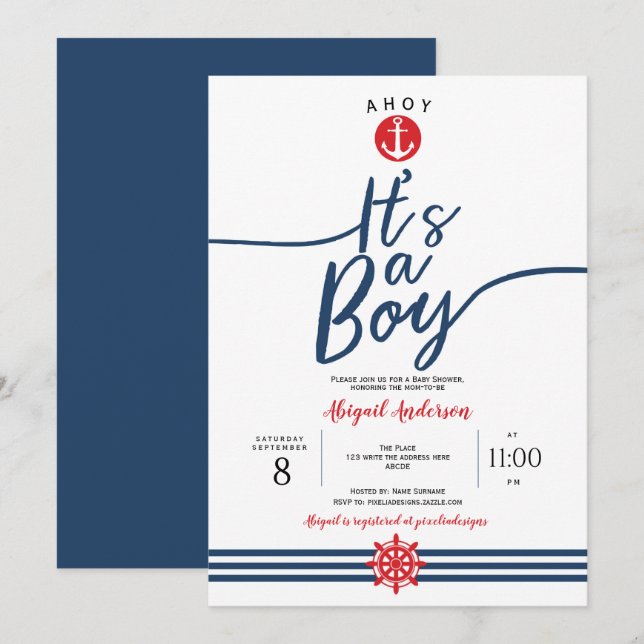 Ahoy, it's a Boy, Nautical, Baby Boy Shower Invitation (Front/Back)