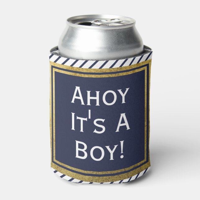Ahoy Its A Boy Nautical Baby Shower Can Cooler (Can Front)