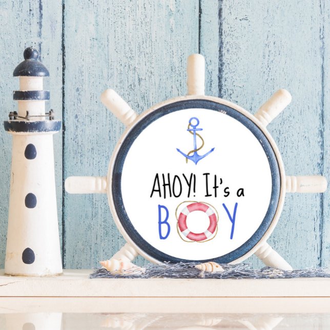 Ahoy It's A Boy! Nautical Baby Shower Classic Round Sticker (Creator Uploaded)