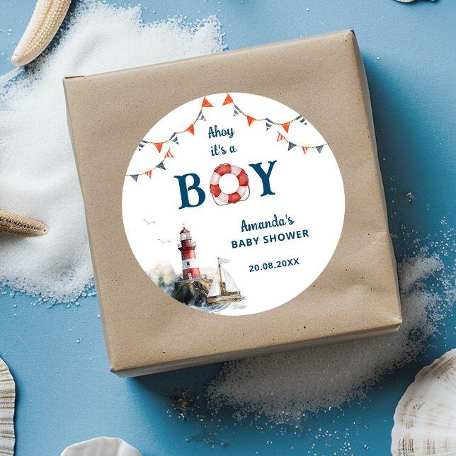 Ahoy It's a Boy Nautical Baby Shower Classic Round Sticker (Creator Uploaded)