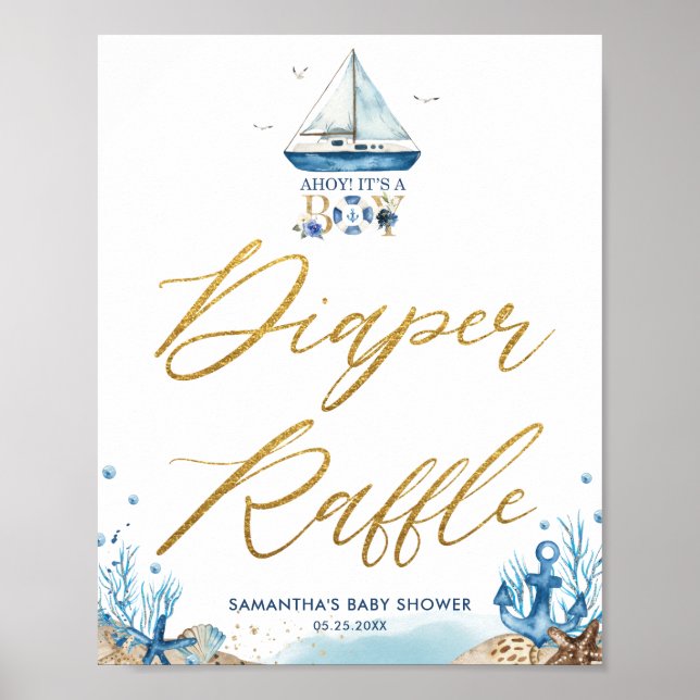 Ahoy It's a Boy Nautical Baby Shower Diaper Raffle Poster (Front)