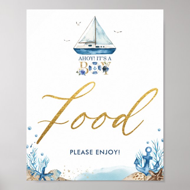 Ahoy It's a Boy Nautical Baby Shower Food Sign (Front)