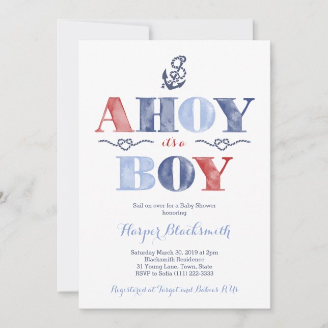 Ahoy It's A Boy Nautical Baby Shower For Boy Invitation (Front)