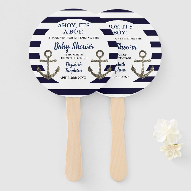Ahoy It's a Boy Nautical Baby Shower Hand Fan (Front and Back)