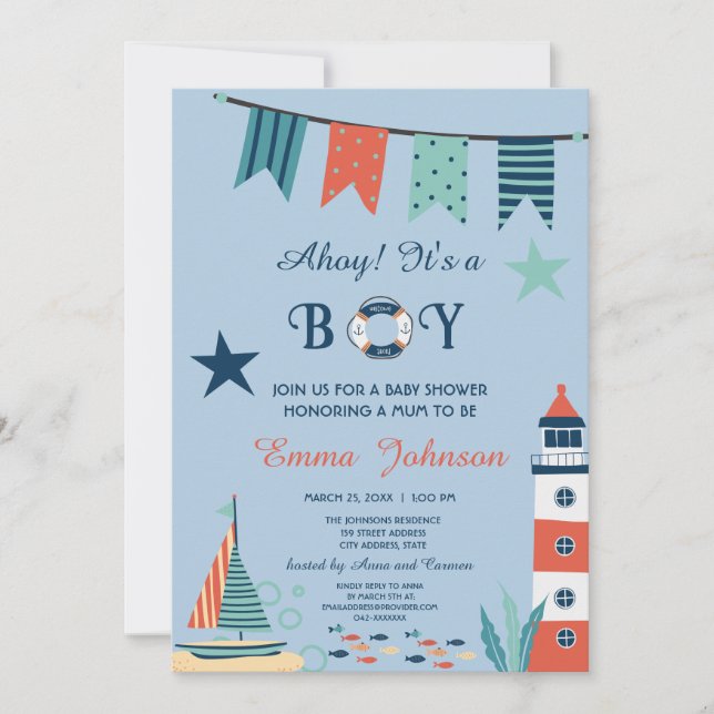 Ahoy It's A Boy Nautical Baby Shower Invitation (Front)