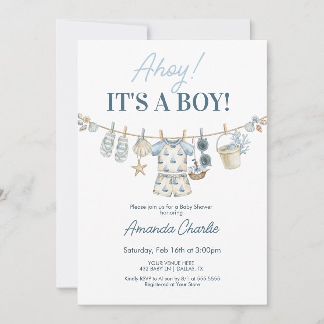 Ahoy It's a Boy nautical Baby Shower Invitation (Front)