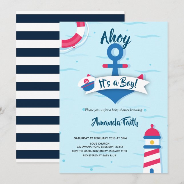 Ahoy it's a boy nautical Baby Shower Invitation (Front/Back)