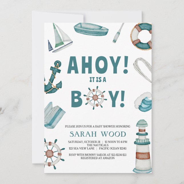 AHOY Its a Boy, Nautical Baby Shower Invitation (Front)