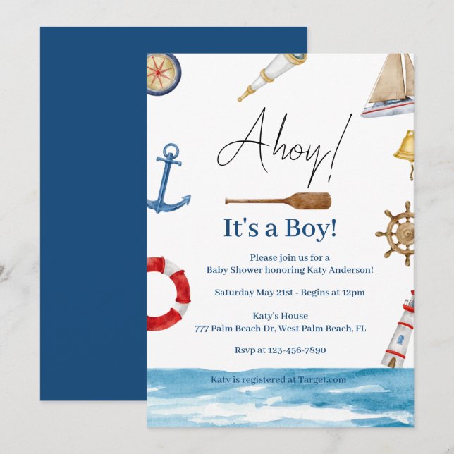 Ahoy It's a Boy Nautical Baby Shower Invitation (Front/Back)