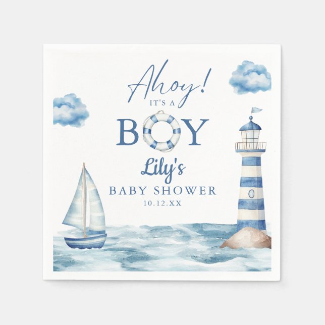 Ahoy Its A Boy Nautical Baby Shower Napkin (Front)