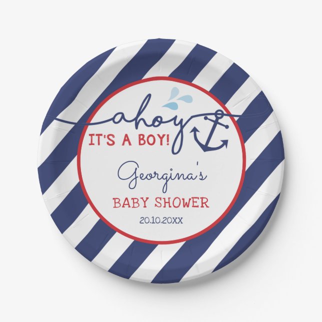 Ahoy It's a Boy Nautical Baby Shower Navy Red Paper Plate (Front)
