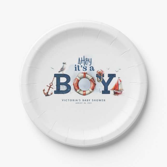 Ahoy It's A Boy Nautical Baby Shower Paper Plate (Front)