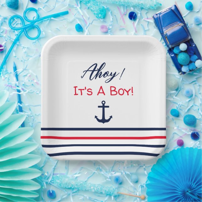 Ahoy It's A Boy! Nautical Baby Shower Paper Plate (Party)