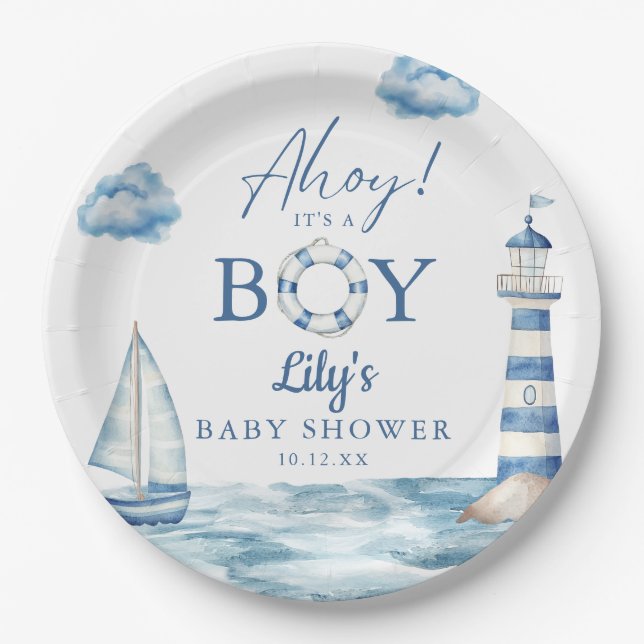Ahoy Its A Boy Nautical Baby Shower Paper Plate (Front)