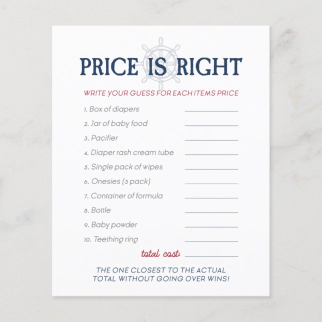 Ahoy It's a Boy Nautical Baby Shower Price Game (Front)