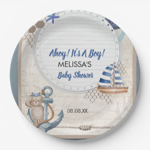 Ahoy it's a boy nautical baby shower theme paper plate