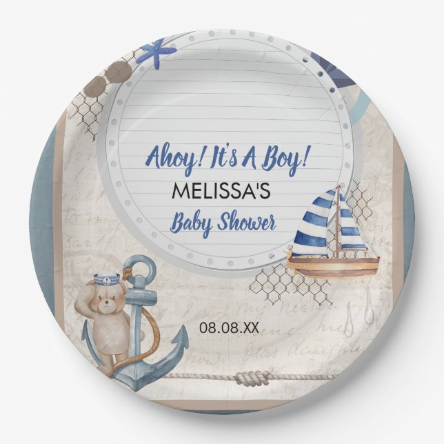Ahoy it's a boy nautical baby shower theme paper plate (Front)
