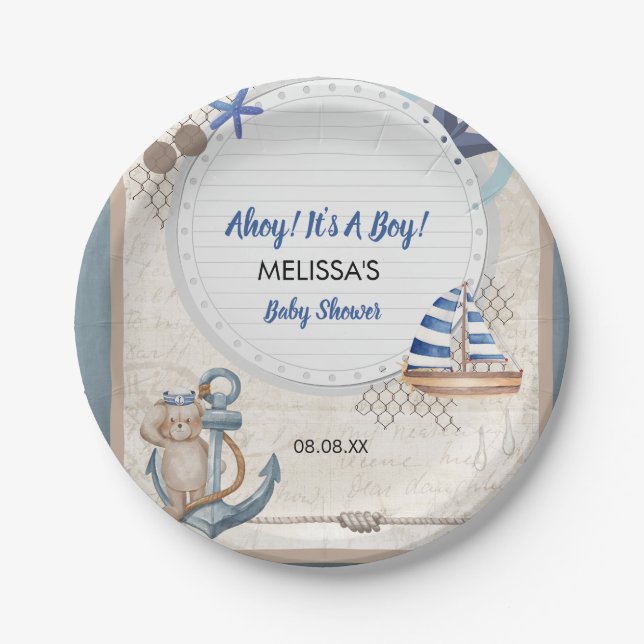 Ahoy it's a boy nautical baby shower theme paper plate (Front)