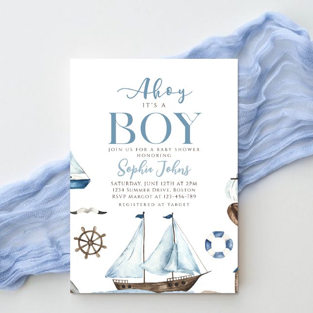 Ahoy It's A Boy Nautical Blue Boat baby shower Invitation (Creator Uploaded)