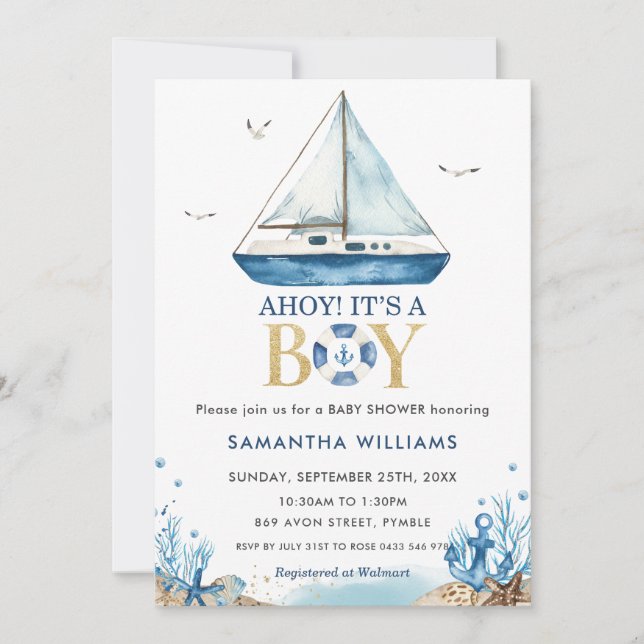 Ahoy It's a Boy Nautical Blue Boat Baby Shower Invitation (Front)