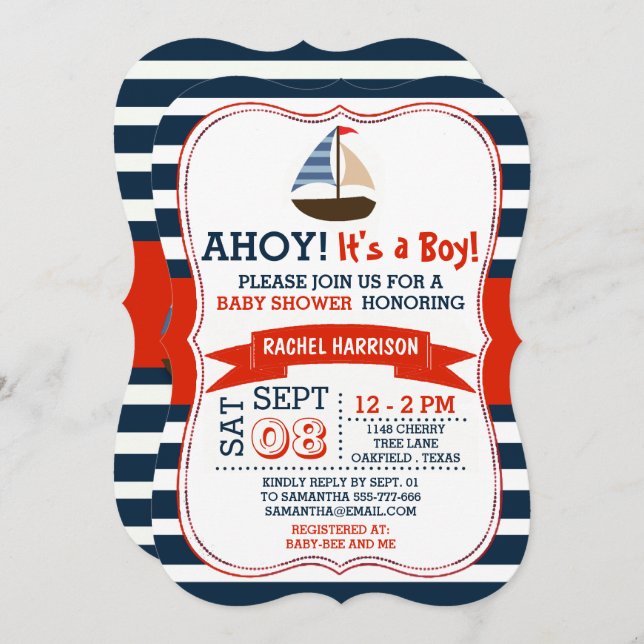 Ahoy It's A Boy! Nautical Boat Baby Shower Invites (Front/Back)