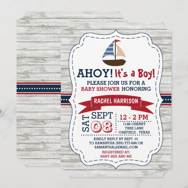 Ahoy It's A Boy! Nautical Boat Baby Shower Invites (Front/Back)