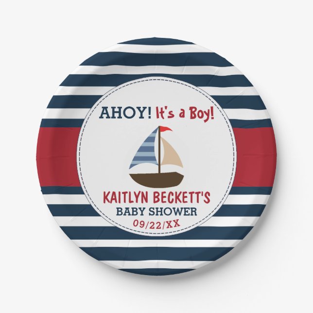 Ahoy It's A Boy! Nautical Boat Baby Shower Paper Plate (Front)