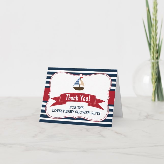 Ahoy It's A Boy! Nautical Boat Baby Shower Thanks Thank You Card (Front)