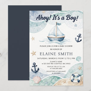 Ahoy Its a Boy Nautical Marine Beach Baby Shower  Invitation