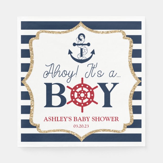 Ahoy It's A Boy Nautical Navy Blue Baby Shower  Napkin (Front)