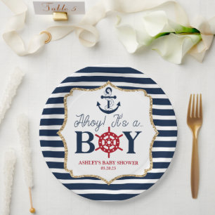 Ahoy It's A Boy Nautical Navy Blue Baby Shower Paper Plate