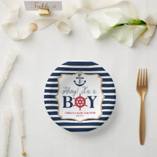 Ahoy It's A Boy Nautical Navy Blue Baby Shower Paper Plate