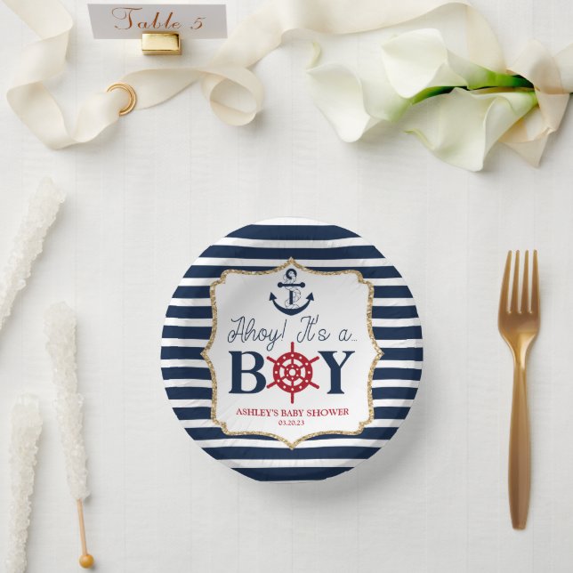 Ahoy It's A Boy Nautical Navy Blue Baby Shower Paper Plate (Wedding)