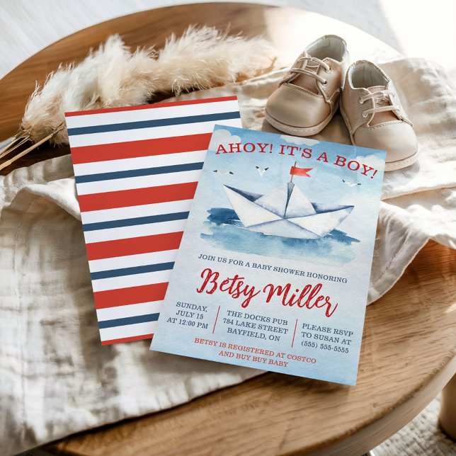 AHOY! It's a BOY!  Nautical Paper Boat Baby Shower Invitation (Creator Uploaded)