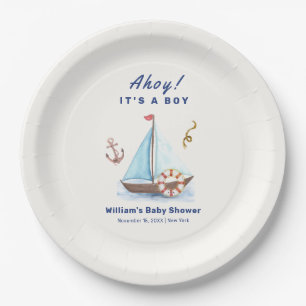 Ahoy It's A Boy Nautical Sailboat Baby Shower  Paper Plate