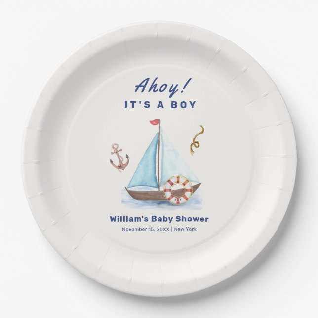 Ahoy It's A Boy Nautical Sailboat Baby Shower  Paper Plate (Front)