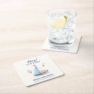 Ahoy It's A Boy Nautical Sailboat Baby Shower Square Paper Coaster