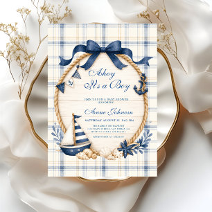 Ahoy It's a Boy Nautical Sailboat Navy Blue Plaid  Invitation